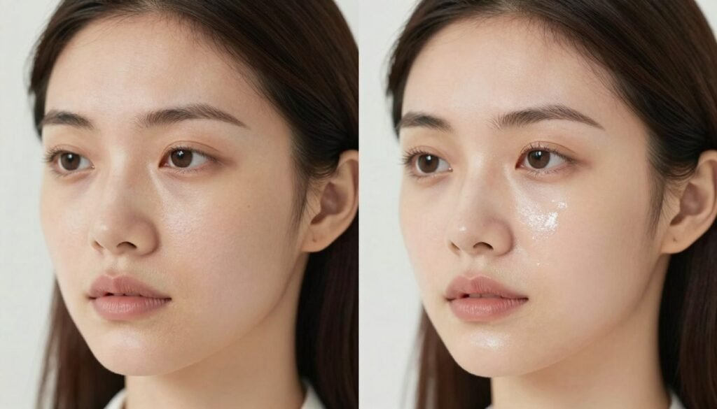 Before and after comparison showing improved skin texture and firmness