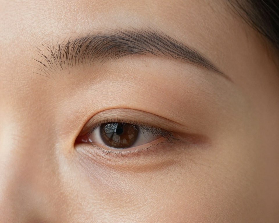 Close-up of fine lines around eyes and forehead on mature skin