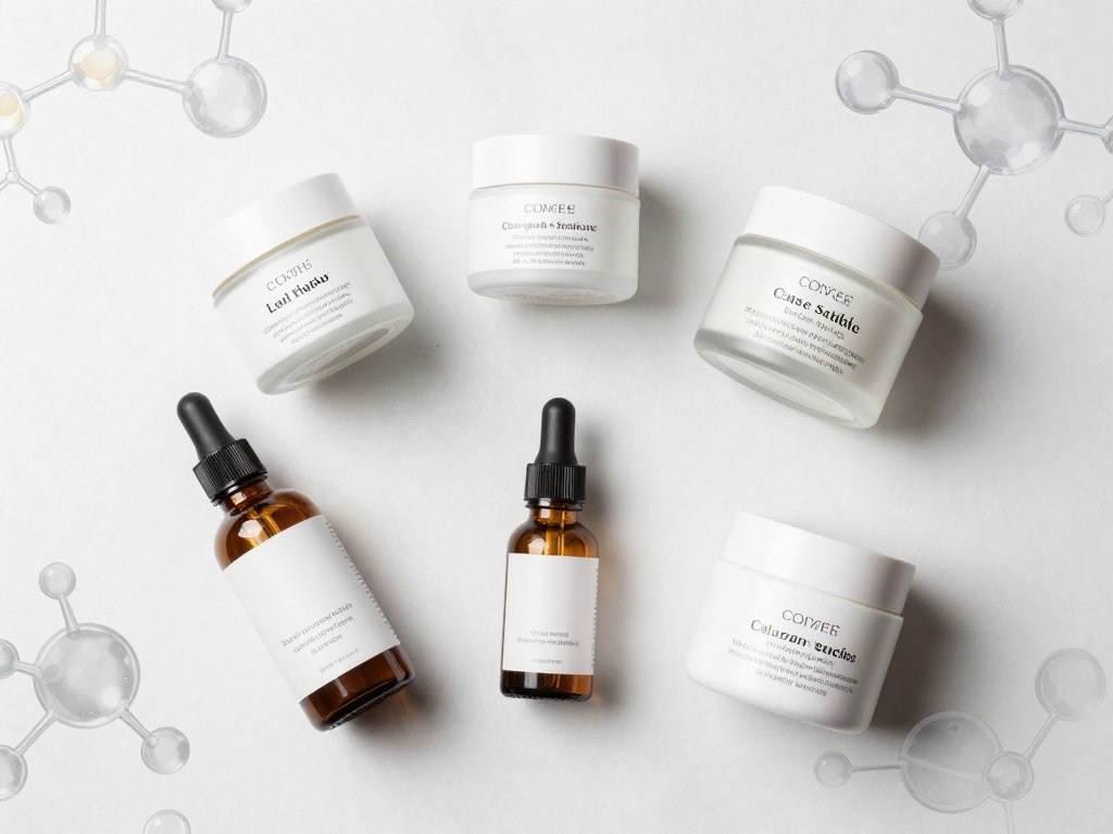 Collagen molecule diagram and skincare products on clean background