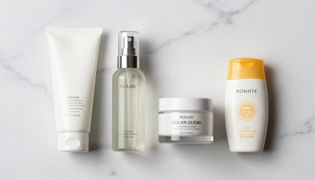 Four skincare products arranged in order representing complete routine