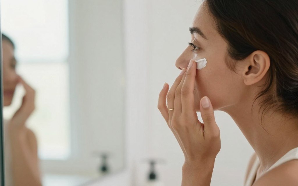 Woman applying anti-aging cream around eye area