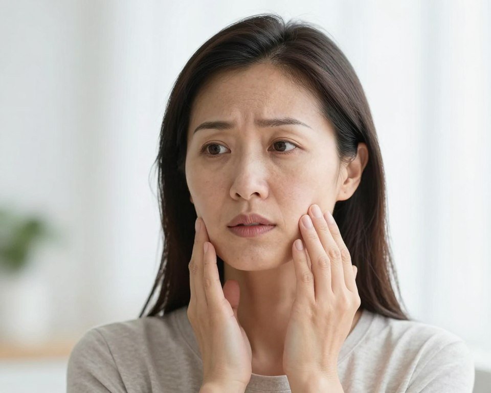Woman examining her skin texture in natural light