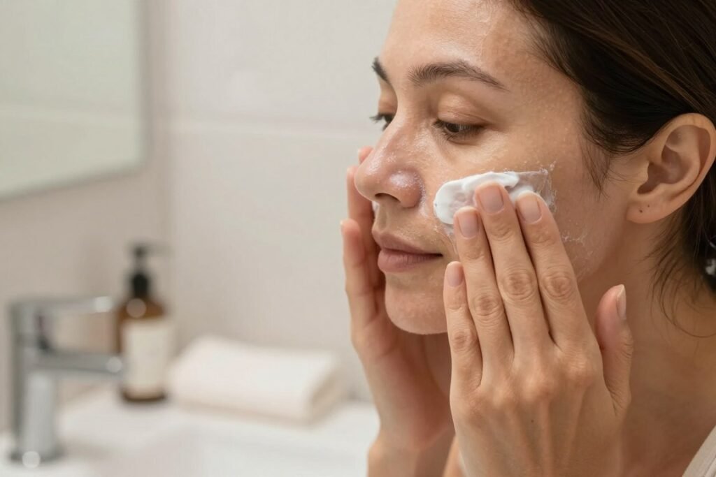 Woman gently cleansing her face with cream cleanser
