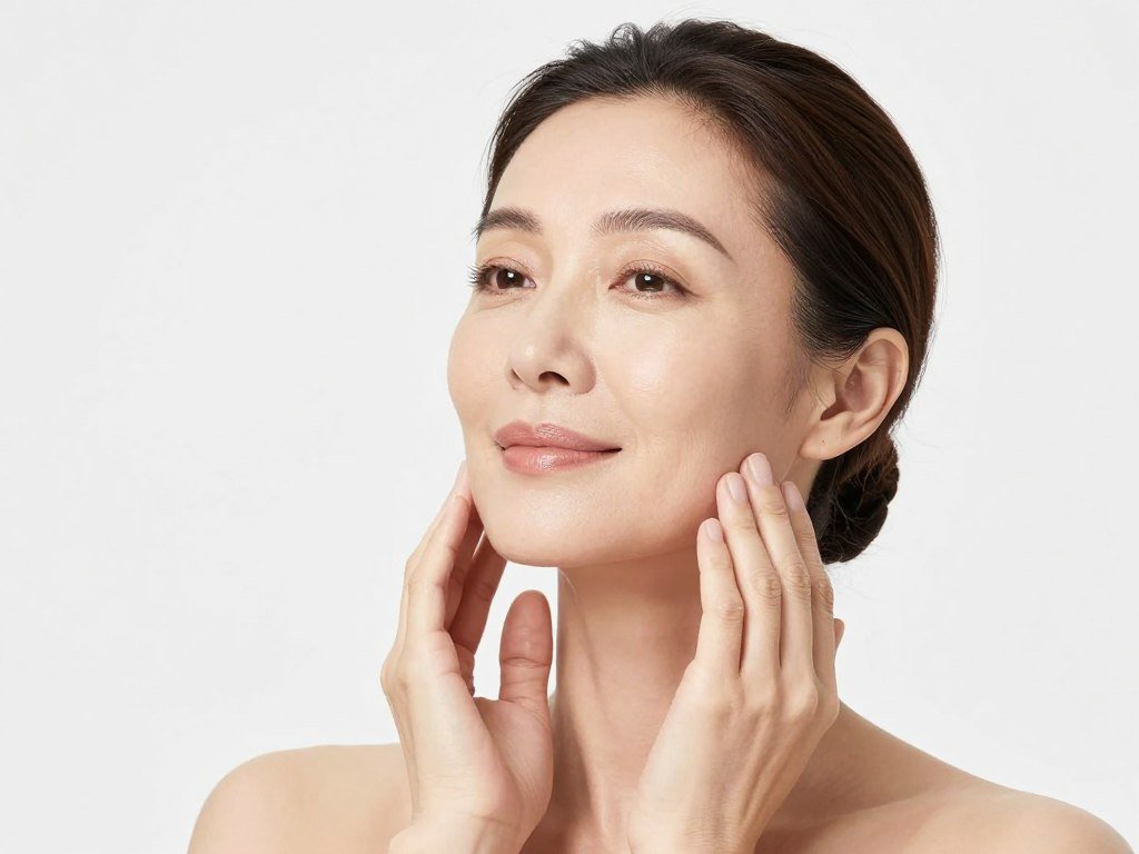 Woman touching her jawline checking skin firmness