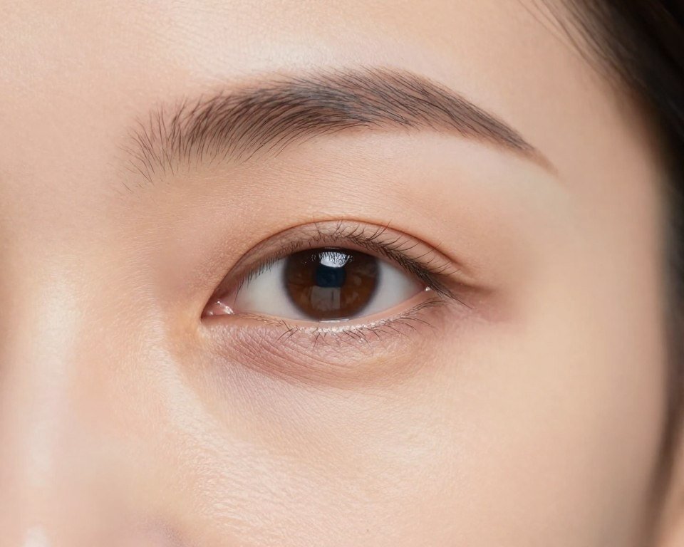 close up of fine lines and wrinkles around woman's eyes and forehead