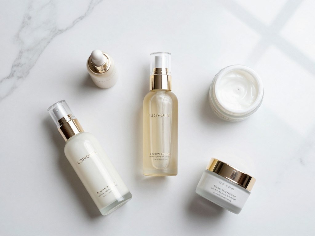 collagen skincare products arranged on marble counter with natural light