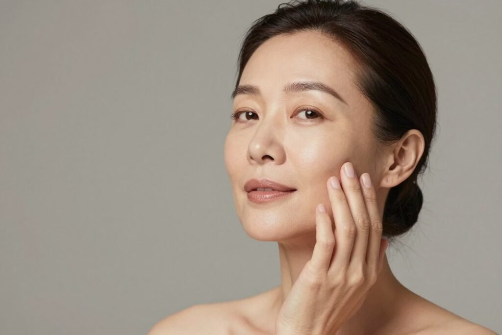 woman touching her cheek checking skin firmness and elasticity